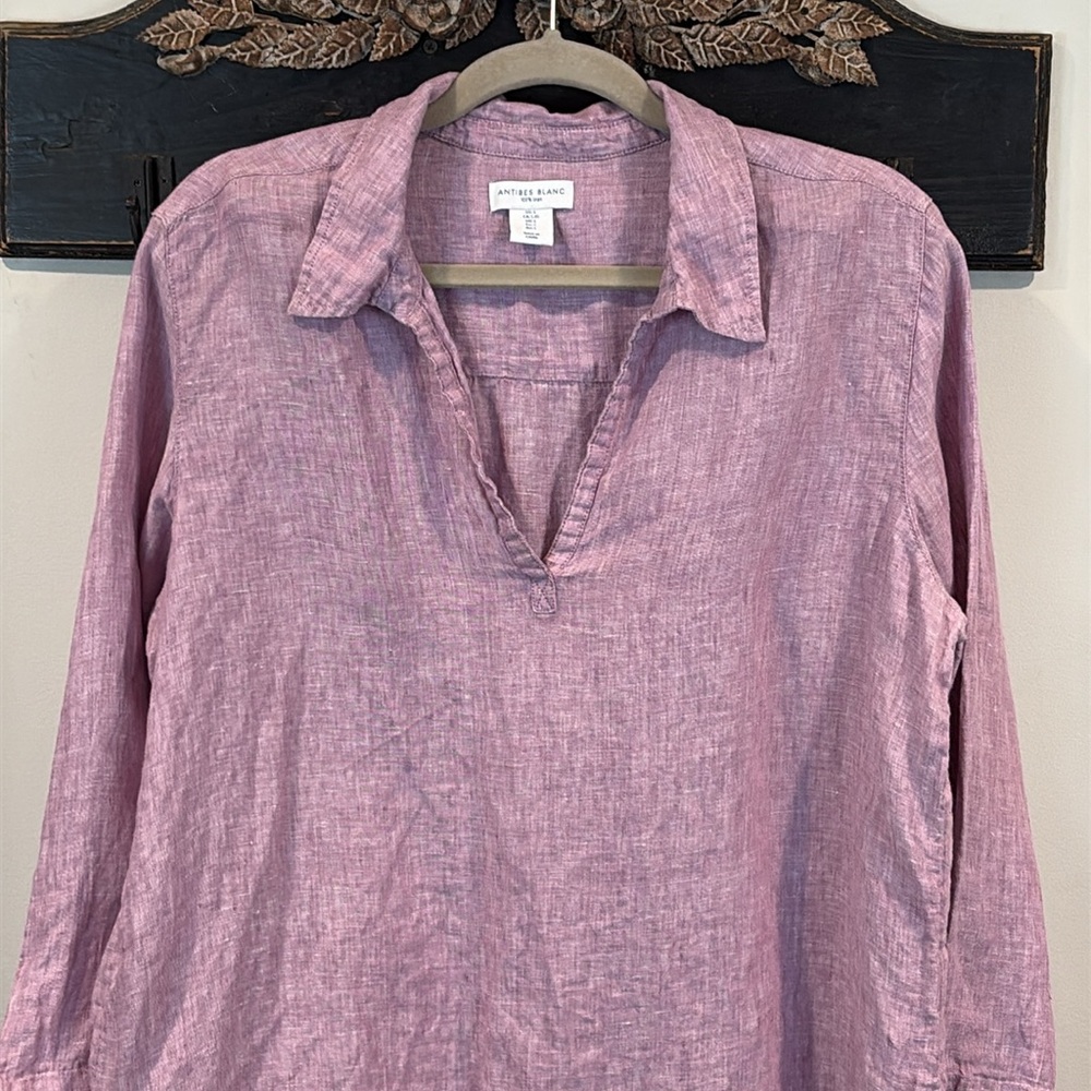 Antibes Blanc Purple Linen MOP Buttons Pull Over Tunic Top Size Large - Picture 3 of 7